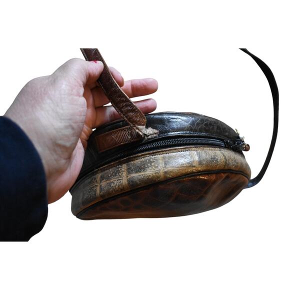 Vintage 80s Sharif Faux Animal Reptile Skins Brown Black Tan Canteen Purse Bag - Picture 8 of 9